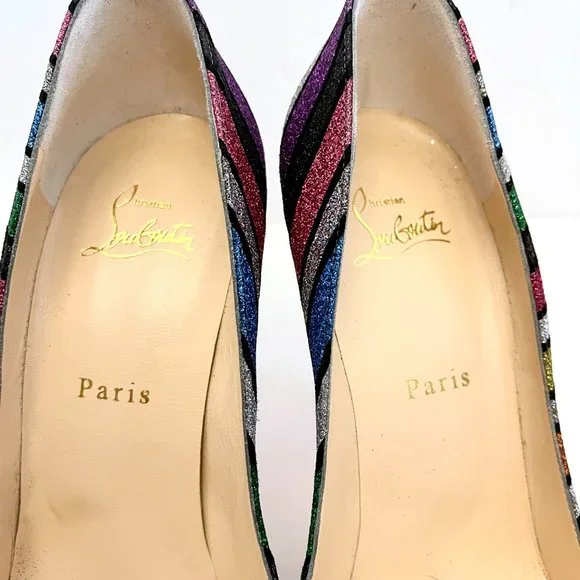 Christian Louboutin Pigalle Follies 100 Striped Glitter Pumps Rainbow Multicolor - Picture 12 of 14